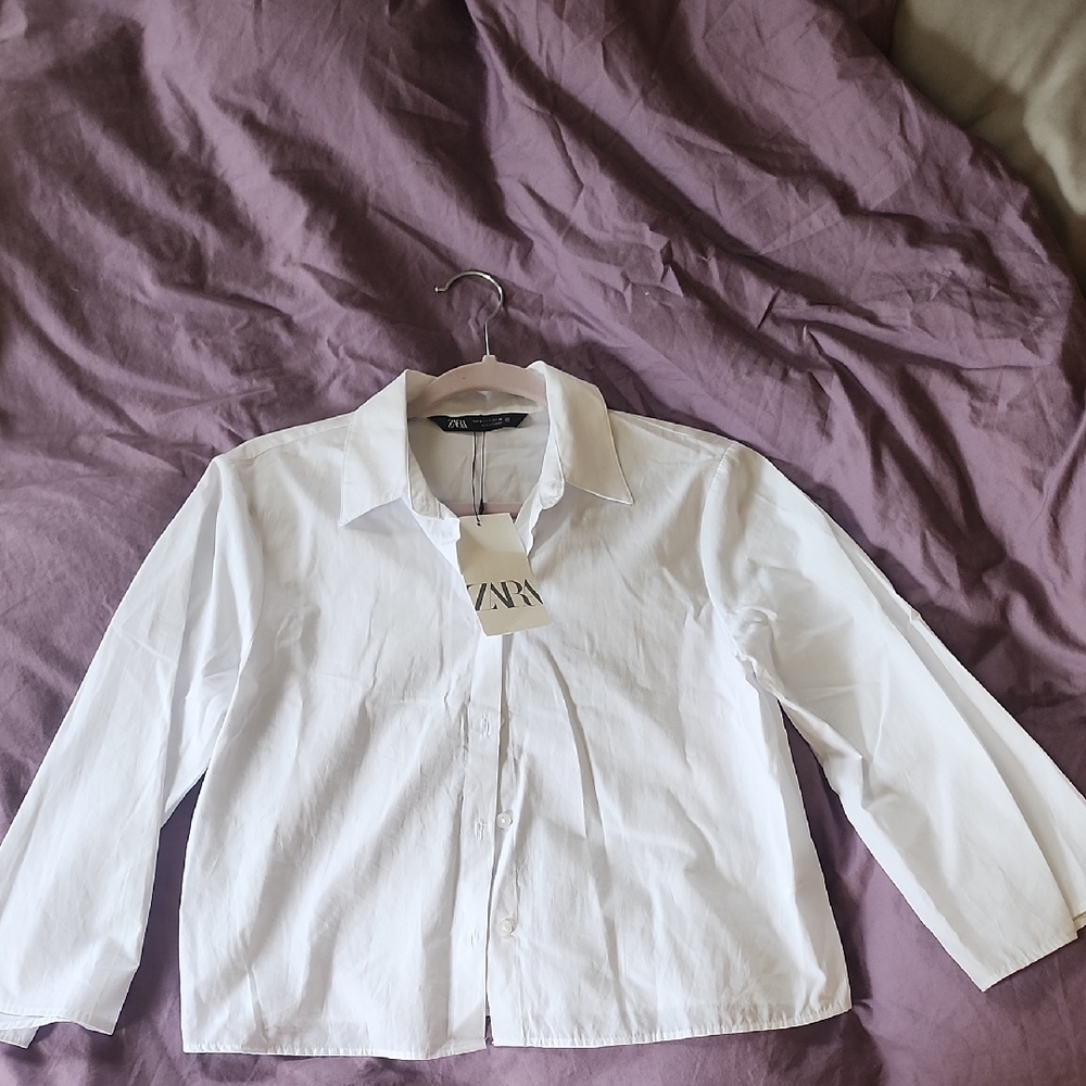 ZARA White Long-Sleeve Collared Shirt